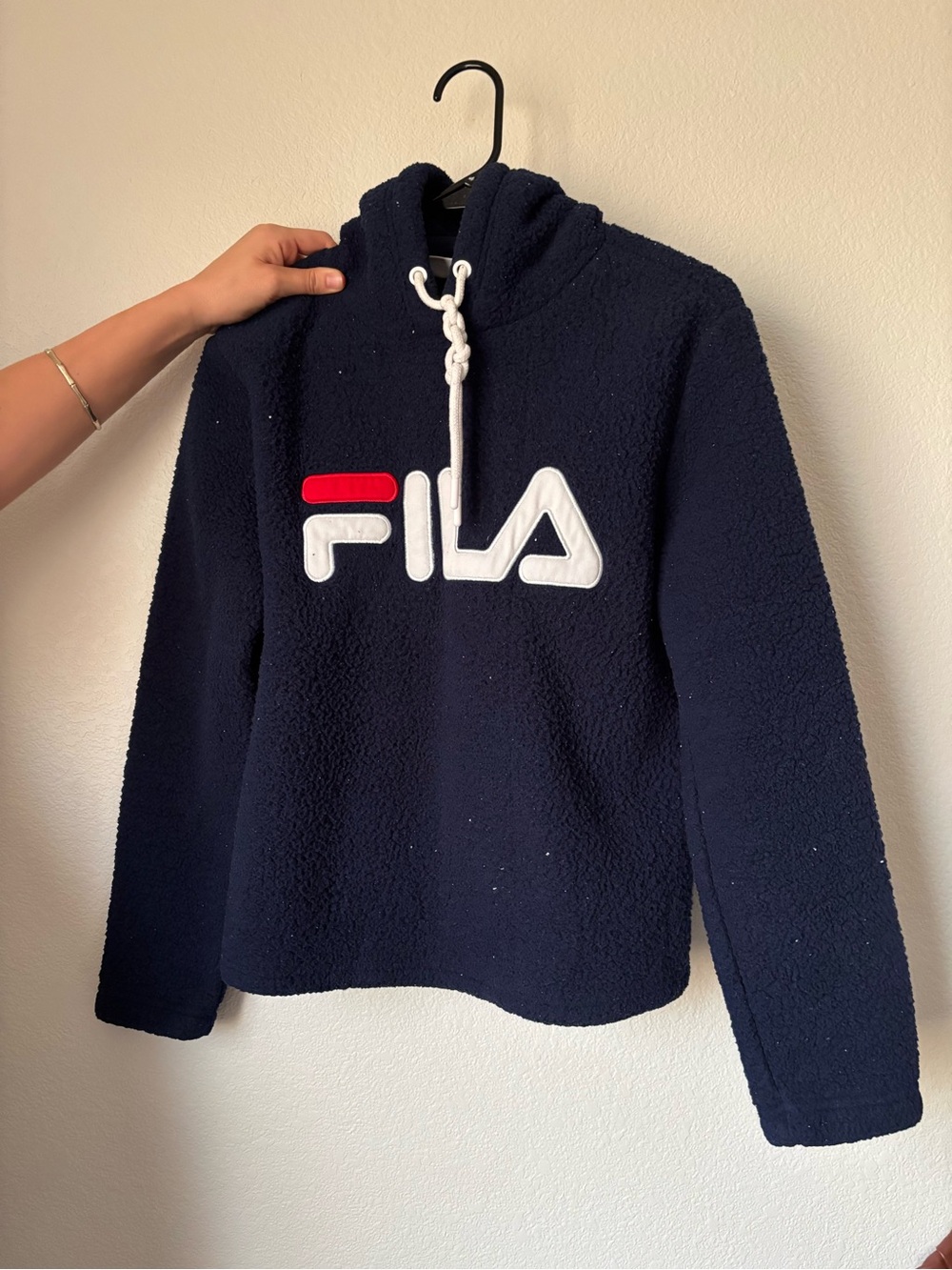 FILA Navy Sherpa Hoodie with Red & White Logo